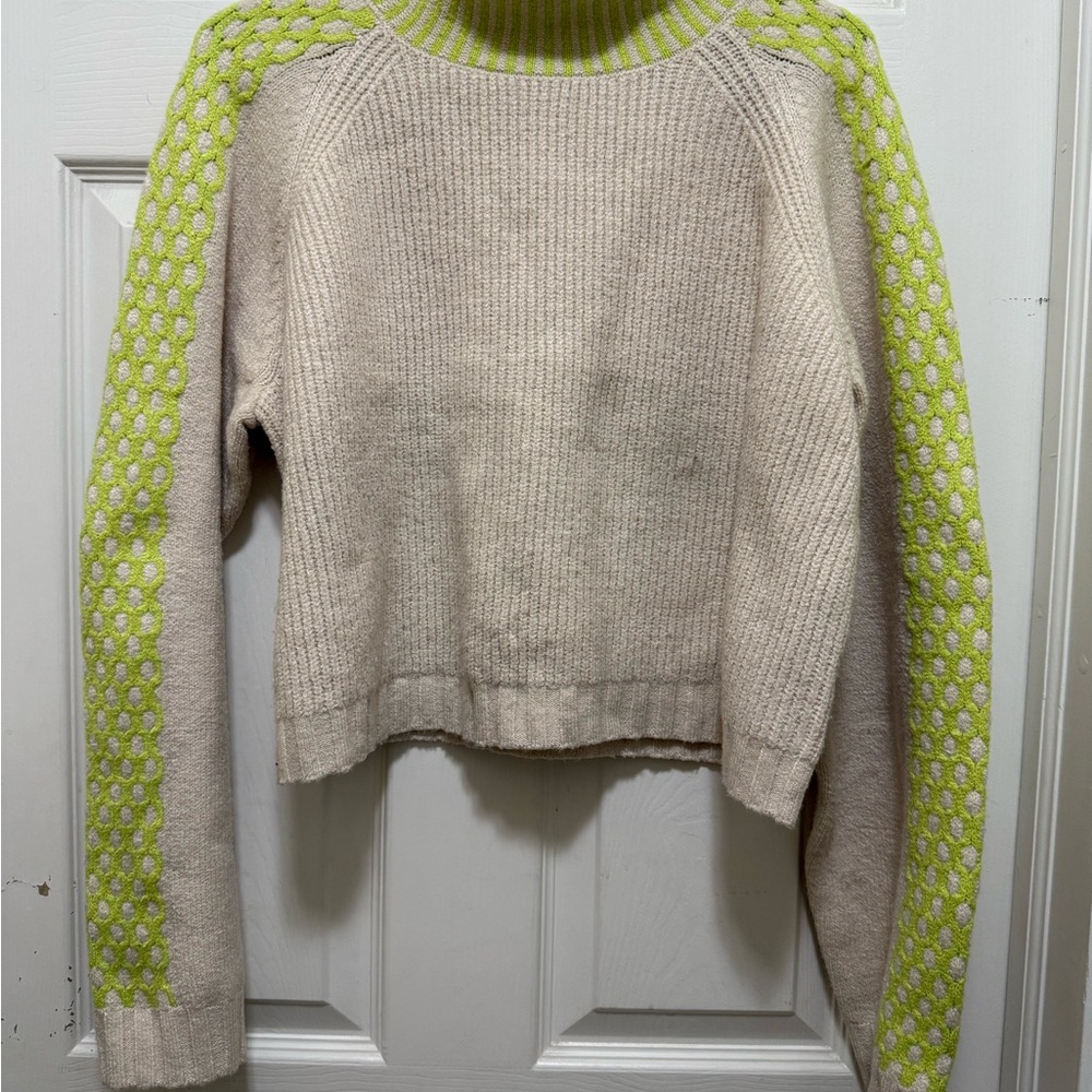 Wild Fable Cream and Neon Green Cowl Neck Sweater
